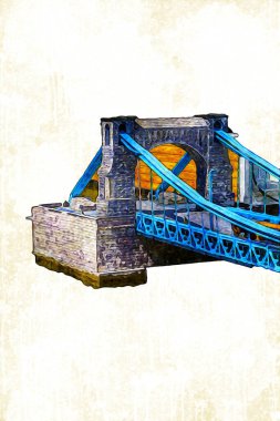 Köprülerin havadan görünüşü, Wrocaw nehri, Polonya, sanat illüstrasyonları antika eskizler