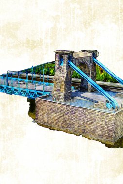 Köprülerin havadan görünüşü, Wrocaw nehri, Polonya, sanat illüstrasyonları antika eskizler