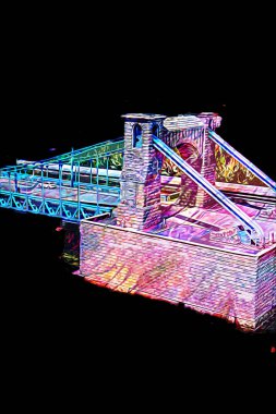 Köprülerin havadan görünüşü, Wrocaw nehri, Polonya, sanat illüstrasyonları antika eskizler