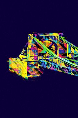 Köprülerin havadan görünüşü, Wrocaw nehri, Polonya, sanat illüstrasyonları antika eskizler