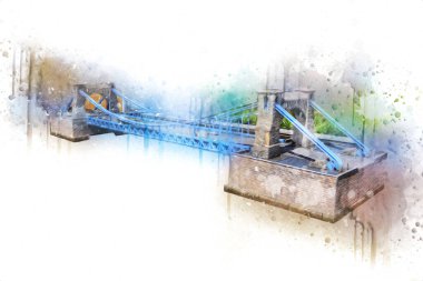 Köprülerin havadan görünüşü, Wrocaw nehri, Polonya, sanat illüstrasyonları antika eskizler