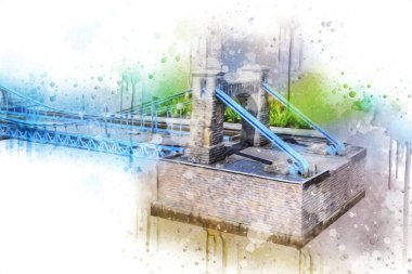 Köprülerin havadan görünüşü, Wrocaw nehri, Polonya, sanat illüstrasyonları antika eskizler