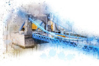 Köprülerin havadan görünüşü, Wrocaw nehri, Polonya, sanat illüstrasyonları antika eskizler