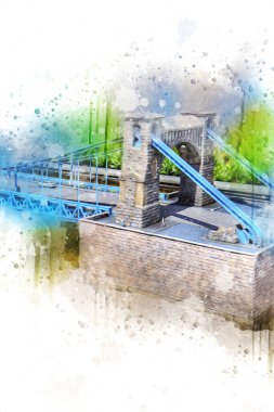 Köprülerin havadan görünüşü, Wrocaw nehri, Polonya, sanat illüstrasyonları antika eskizler