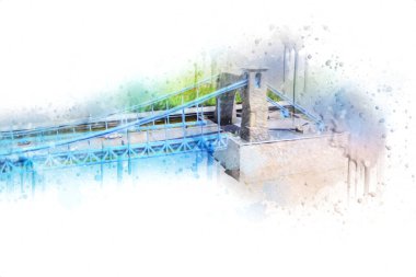 Köprülerin havadan görünüşü, Wrocaw nehri, Polonya, sanat illüstrasyonları antika eskizler