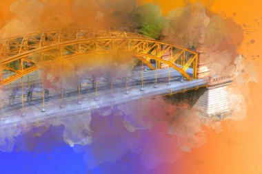 Wrocaw, zwierzyniecki köprüsü, Wrocaw nehri, Polonya, sanat illüstrasyonu antika eskiz