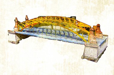 Wrocaw, zwierzyniecki köprüsü, Wrocaw nehri, Polonya, sanat illüstrasyonu antika eskiz