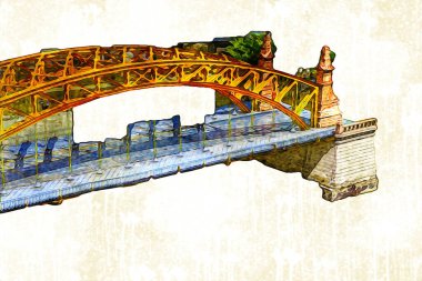 Wrocaw, zwierzyniecki köprüsü, Wrocaw nehri, Polonya, sanat illüstrasyonu antika eskiz