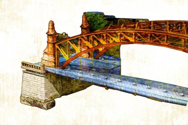Wrocaw, zwierzyniecki köprüsü, Wrocaw nehri, Polonya, sanat illüstrasyonu antika eskiz