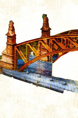 Wrocaw, zwierzyniecki köprüsü, Wrocaw nehri, Polonya, sanat illüstrasyonu antika eskiz