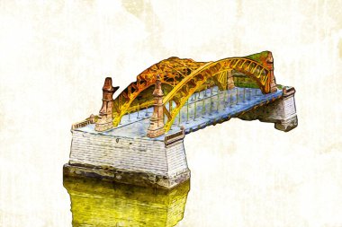 Wrocaw, zwierzyniecki köprüsü, Wrocaw nehri, Polonya, sanat illüstrasyonu antika eskiz