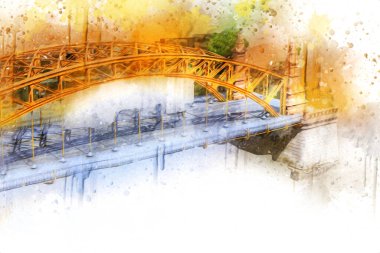 Wrocaw, zwierzyniecki köprüsü, Wrocaw nehri, Polonya, sanat illüstrasyonu antika eskiz