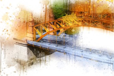 Wrocaw, zwierzyniecki köprüsü, Wrocaw nehri, Polonya, sanat illüstrasyonu antika eskiz