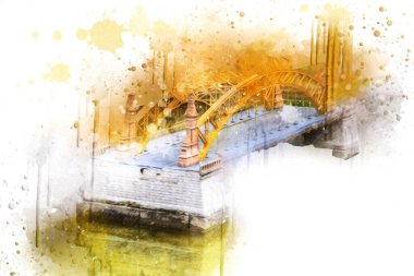 Wrocaw, zwierzyniecki köprüsü, Wrocaw nehri, Polonya, sanat illüstrasyonu antika eskiz