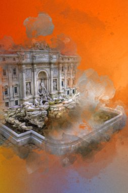 Fountain di Trevi, Roma. İtalya, sanat illüstrasyonu antika eskiz