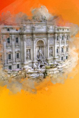 Fountain di Trevi, Roma. İtalya, sanat illüstrasyonu antika eskiz