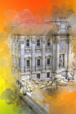 Fountain di Trevi, Roma. İtalya, sanat illüstrasyonu antika eskiz