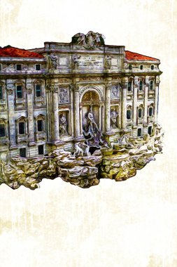 Fountain di Trevi, Roma. İtalya, sanat illüstrasyonu antika eskiz