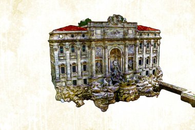 Fountain di Trevi, Roma. İtalya, sanat illüstrasyonu antika eskiz