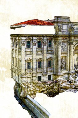 Fountain di Trevi, Roma. İtalya, sanat illüstrasyonu antika eskiz