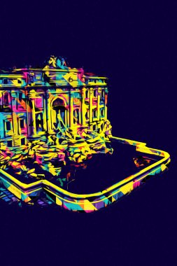 Fountain di Trevi, Roma. İtalya, sanat illüstrasyonu antika eskiz