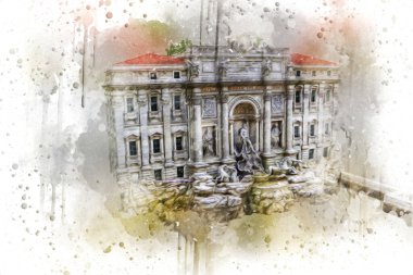 Fountain di Trevi, Roma. İtalya, sanat illüstrasyonu antika eskiz