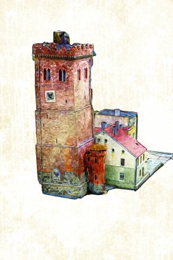 Zabkowice 'deki Eğik Kule Slaskie, sanat illüstrasyonu antika eskiz