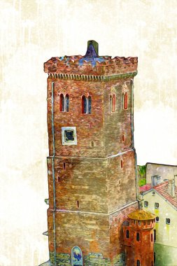 Zabkowice 'deki Eğik Kule Slaskie, sanat illüstrasyonu antika eskiz