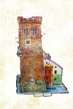 Zabkowice 'deki Eğik Kule Slaskie, sanat illüstrasyonu antika eskiz