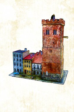 Zabkowice 'deki Eğik Kule Slaskie, sanat illüstrasyonu antika eskiz