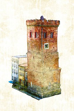 Zabkowice 'deki Eğik Kule Slaskie, sanat illüstrasyonu antika eskiz