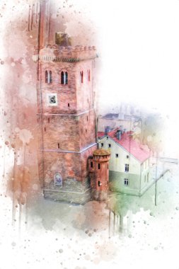 Zabkowice 'deki Eğik Kule Slaskie, sanat illüstrasyonu antika eskiz