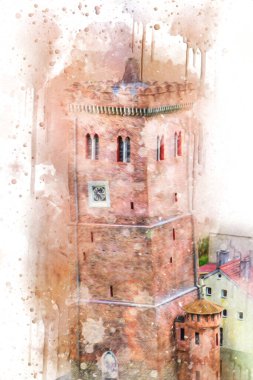 Zabkowice 'deki Eğik Kule Slaskie, sanat illüstrasyonu antika eskiz