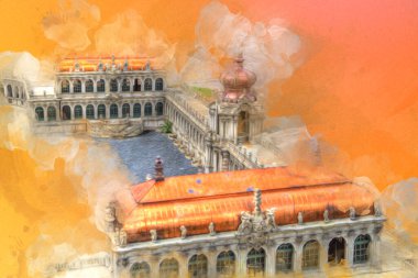 Zwinger Sarayı, sanat galerisi ve müzesi Dresden, Almanya 'da, sanat illüstrasyonu antika eskiz