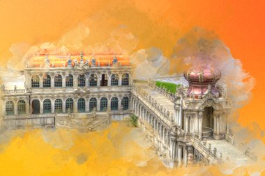 Zwinger Sarayı, sanat galerisi ve müzesi Dresden, Almanya 'da, sanat illüstrasyonu antika eskiz