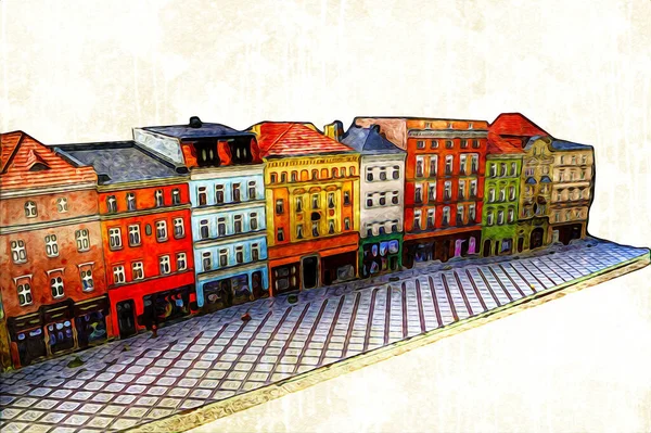 Klodzko şehir merkezi, hava kalesi sanat illüstrasyonundan antika eskiz.