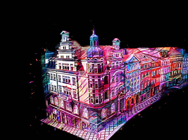 Klodzko şehir merkezi, hava kalesi sanat illüstrasyonundan antika eskiz.