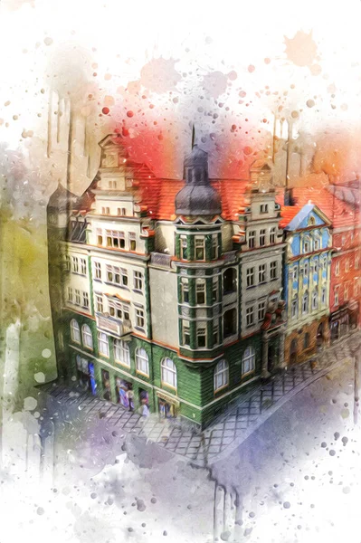 Klodzko şehir merkezi, hava kalesi sanat illüstrasyonundan antika eskiz.