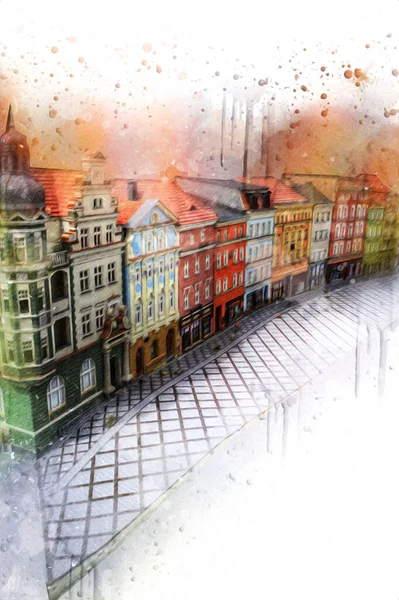 Klodzko şehir merkezi, hava kalesi sanat illüstrasyonundan antika eskiz.