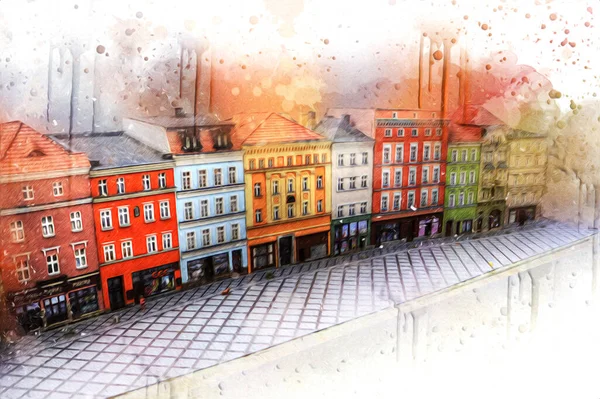 Klodzko şehir merkezi, hava kalesi sanat illüstrasyonundan antika eskiz.