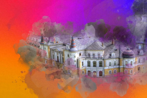 Bokw 'daki sarayın panoraması hava manzaralı sanat illüstrasyonu antika eskiz.