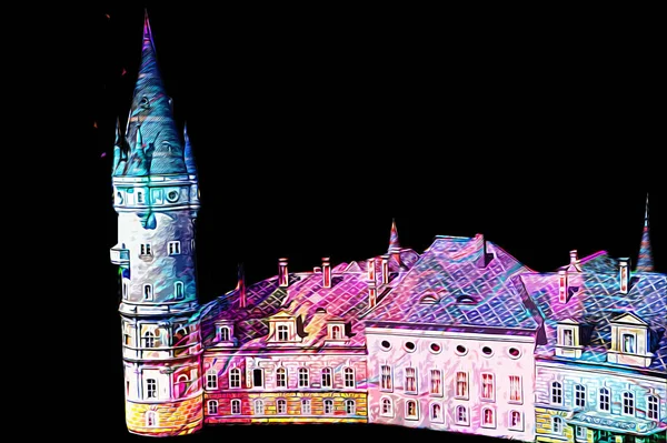 Bokw 'daki sarayın panoraması hava manzaralı sanat illüstrasyonu antika eskiz.