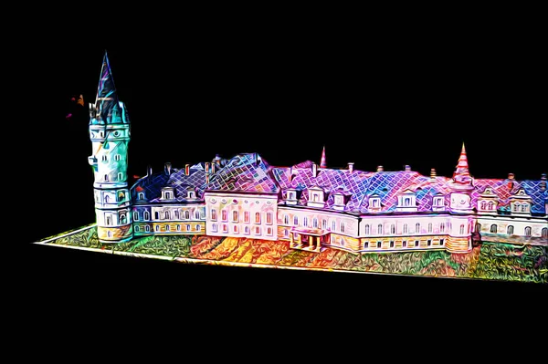 Bokw 'daki sarayın panoraması hava manzaralı sanat illüstrasyonu antika eskiz.