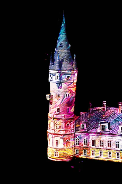 Bokw 'daki sarayın panoraması hava manzaralı sanat illüstrasyonu antika eskiz.