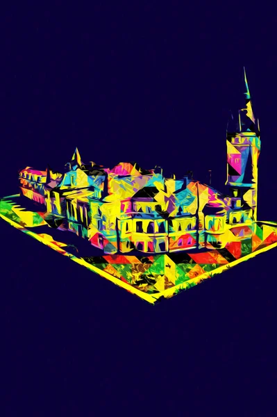 Bokw 'daki sarayın panoraması hava manzaralı sanat illüstrasyonu antika eskiz.