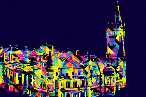 Bokw 'daki sarayın panoraması hava manzaralı sanat illüstrasyonu antika eskiz.