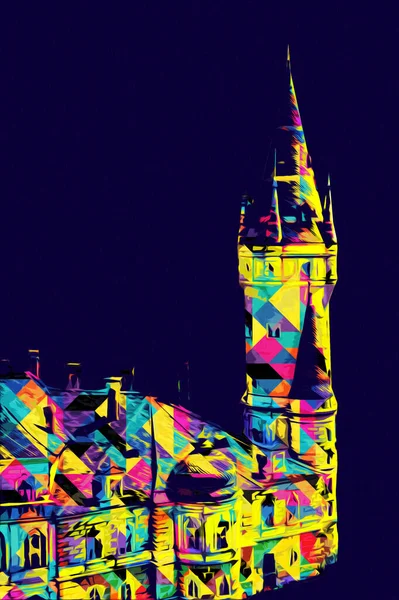 Bokw 'daki sarayın panoraması hava manzaralı sanat illüstrasyonu antika eskiz.