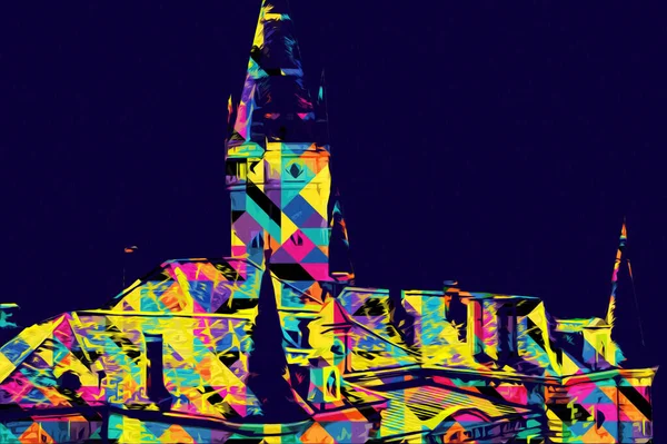 Bokw 'daki sarayın panoraması hava manzaralı sanat illüstrasyonu antika eskiz.