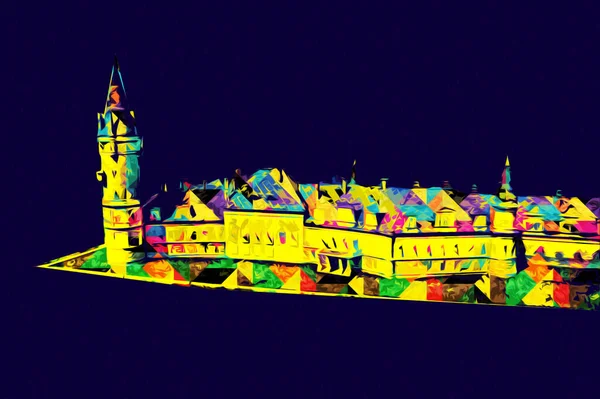 Bokw 'daki sarayın panoraması hava manzaralı sanat illüstrasyonu antika eskiz.