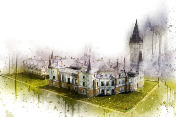 Bokw 'daki sarayın panoraması hava manzaralı sanat illüstrasyonu antika eskiz.